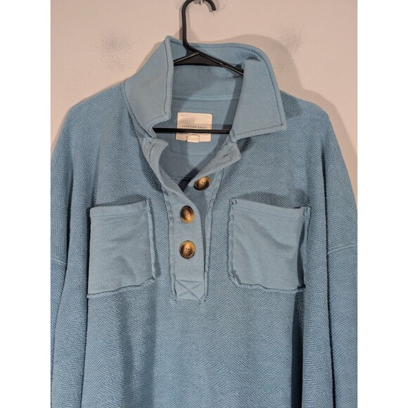 American Eagle Womens Blue Textured Henley Oversized Pullover Sz XS Streetwear - Picture 6 of 8